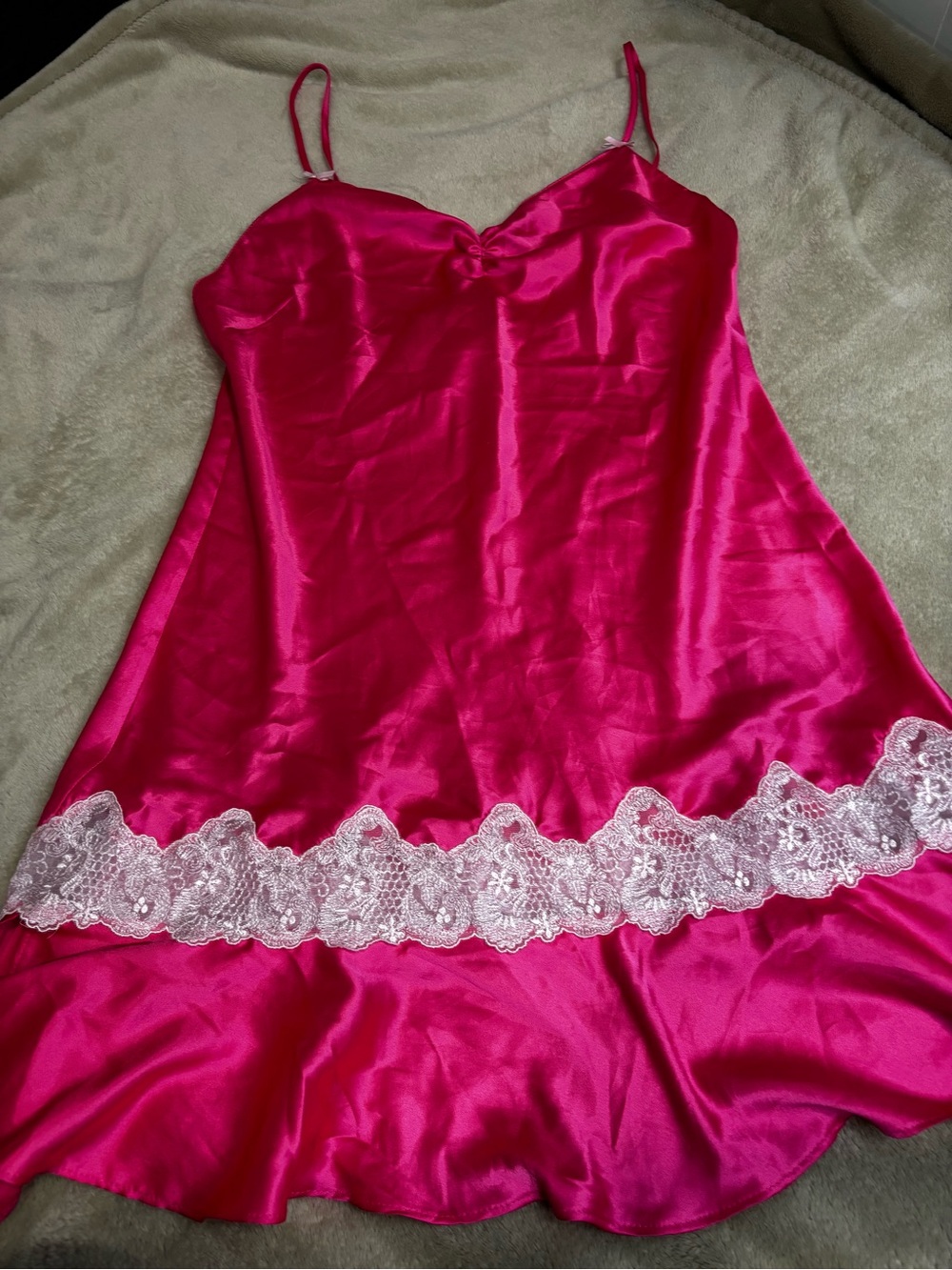 VTG Victoria's Secret Hot Pink Satin Chemise with Pale Pink Lace